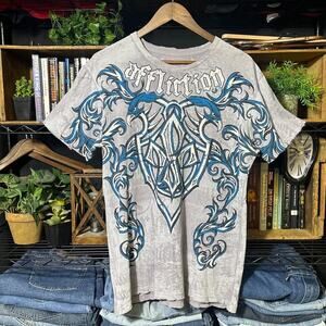 Y2K Affliction AOP Georges St-Pierre Tee Mens Large Grey Blue Grunge Shirt